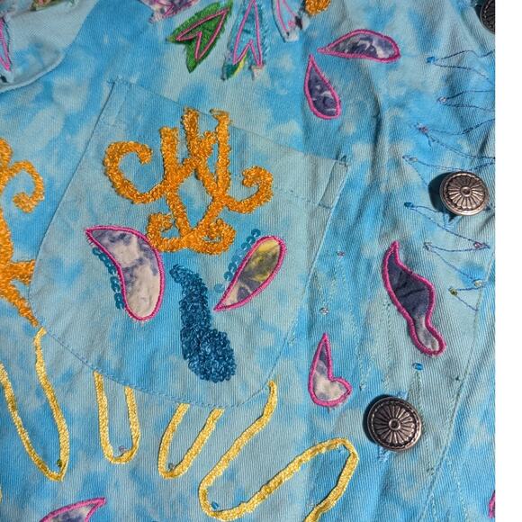Vtg Y2K Julia Ku Blue Tie Dye Floral Applique Button Up Cotton Jacket Sz S - Picture 3 of 4